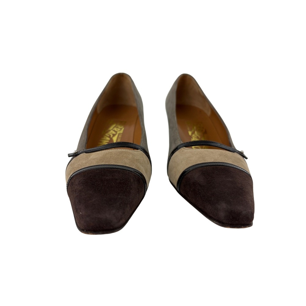 Vintage Salvatore Ferragamo Tri-Color Suede Pumps Size 7.5B Block Heel Old Money - Picture 2 of 11